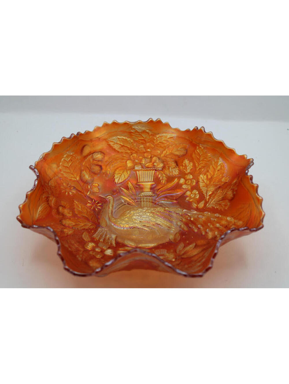 Vintage Fenton Peacock At The Urn Marigold Carnival Glass Ruffled Bowl Dish 8"